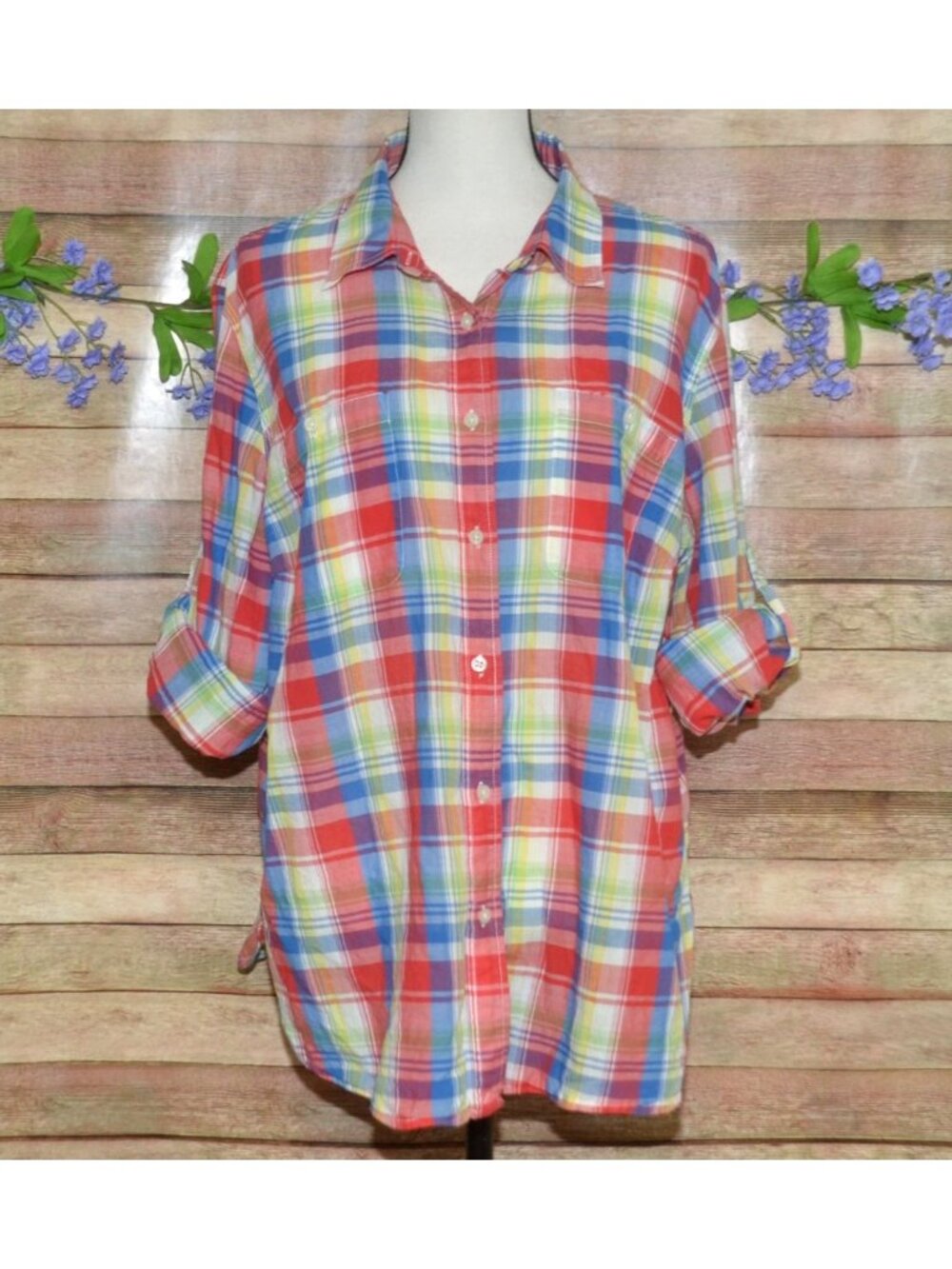Ralph Lauren Jeans Co. Womens 2X Roll Tab Sleeve Red Blue Plaid Button Up Shirt
